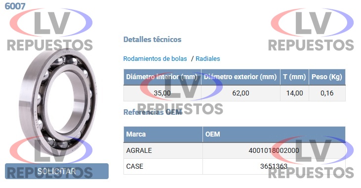 RULEMAN 6007 35X62X14MM EJE BOMBA INYECTORA FERSA