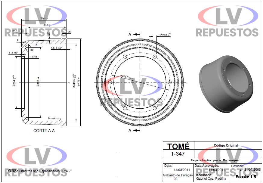TAMBOR FRENO 28.5X42CM 8 PULG. 6 AGUJ. TOME