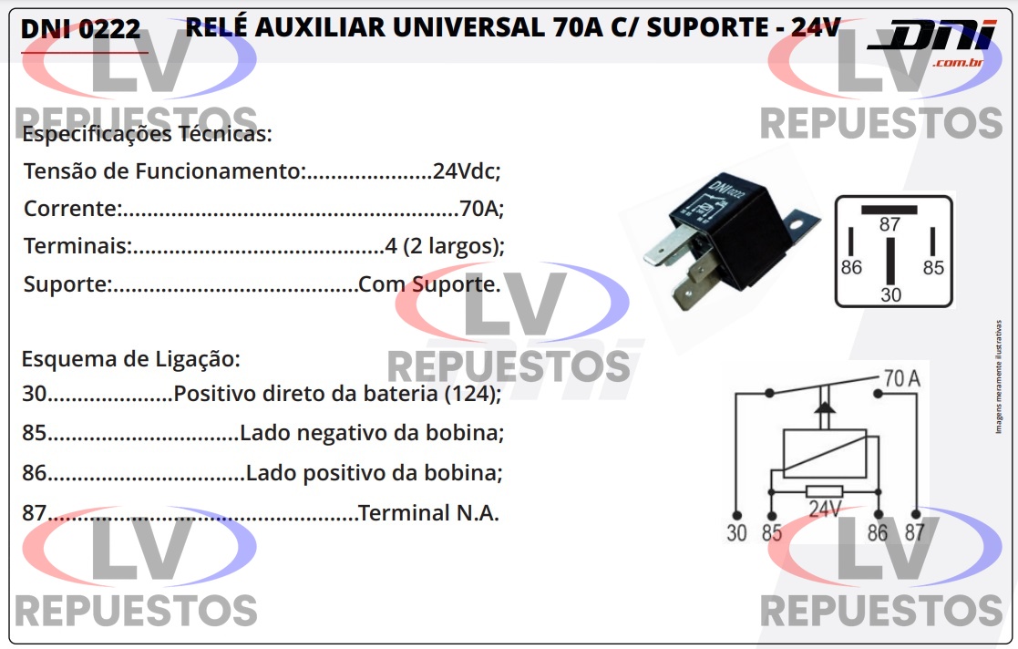 RELAY AUXILIAR 24V 70A 4 PATITAS C/ SOPORTE DNI