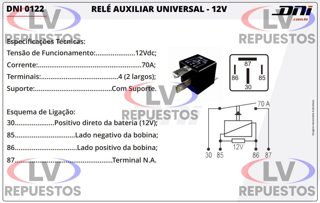 RELAY AUXILIAR 12V 70A 4 PATITAS C/ SOPORTE DNI