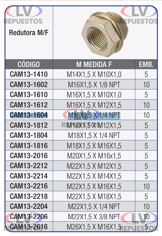 REDUCCION MACHO M16 X HEMBRA 1/4 NPT