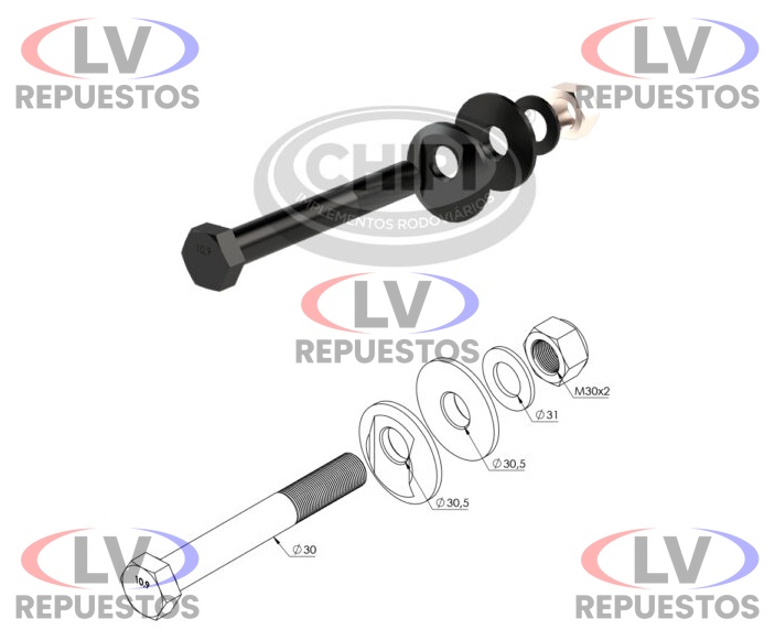 KIT PERNO C/ ARANDELA PARA BUJE SUSPENSION EJE M30X1.5 CHIPI