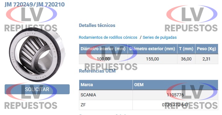 RULEMAN JM720249/720210 100X155X36MM LATERAL OLLA DIFERENCIAL R660 FERSA