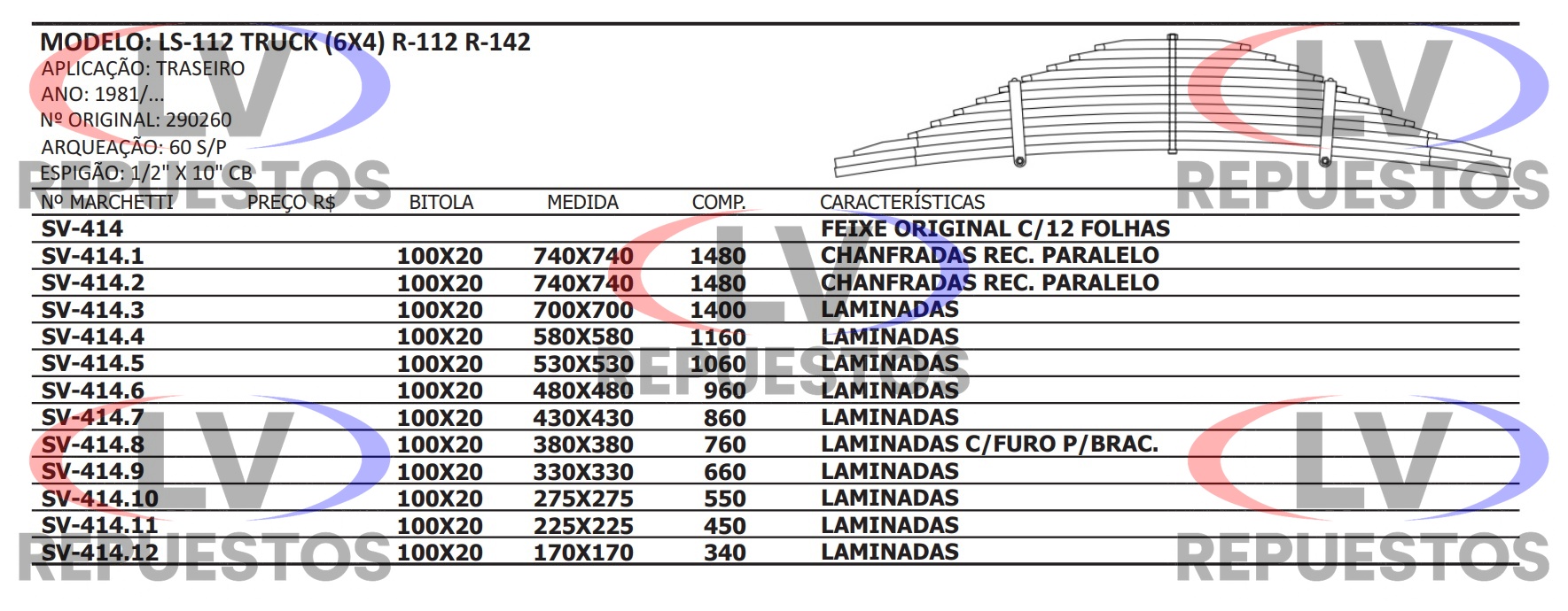 ELASTICO TR 1RA HOJA 100X20X1480MM C/ PUNTAS CHANFRADAS SC-112/142  MARCHETTI