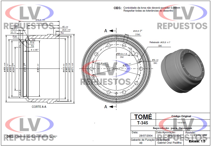 TAMBOR FRENO 29.5X41.3CM 8 PULG. 10 AGUJ. DT/TR S4 TOME