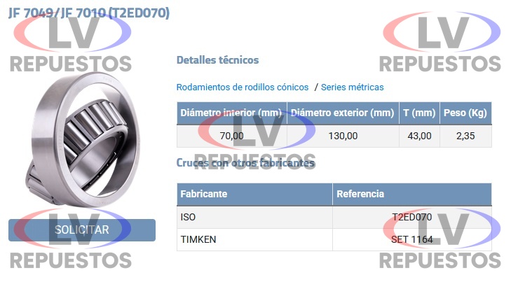 RULEMAN PI�ON DIFERENCIAL 70X130X43 VOLVO NL340/360 T2ED070 FERSA