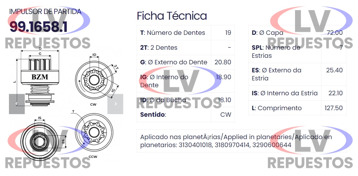 BENDIX MOTOR ARRANQUE 19 DIENTES LARGO TIPO BOSCH SC S5 BZM