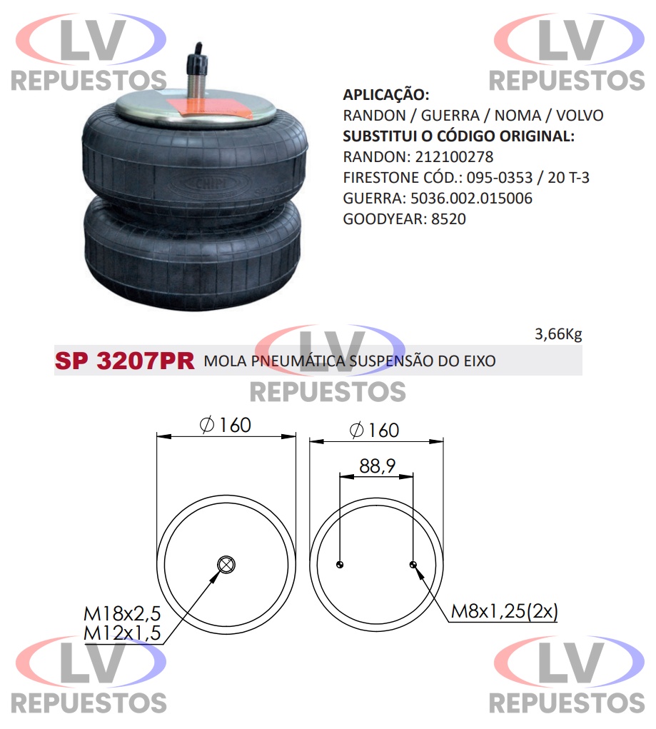 PULMON ALZA EJE 2 CUERPOS BASE 160MM PRISIONERO CENTRAL RANDON/GUERRA CHIPI