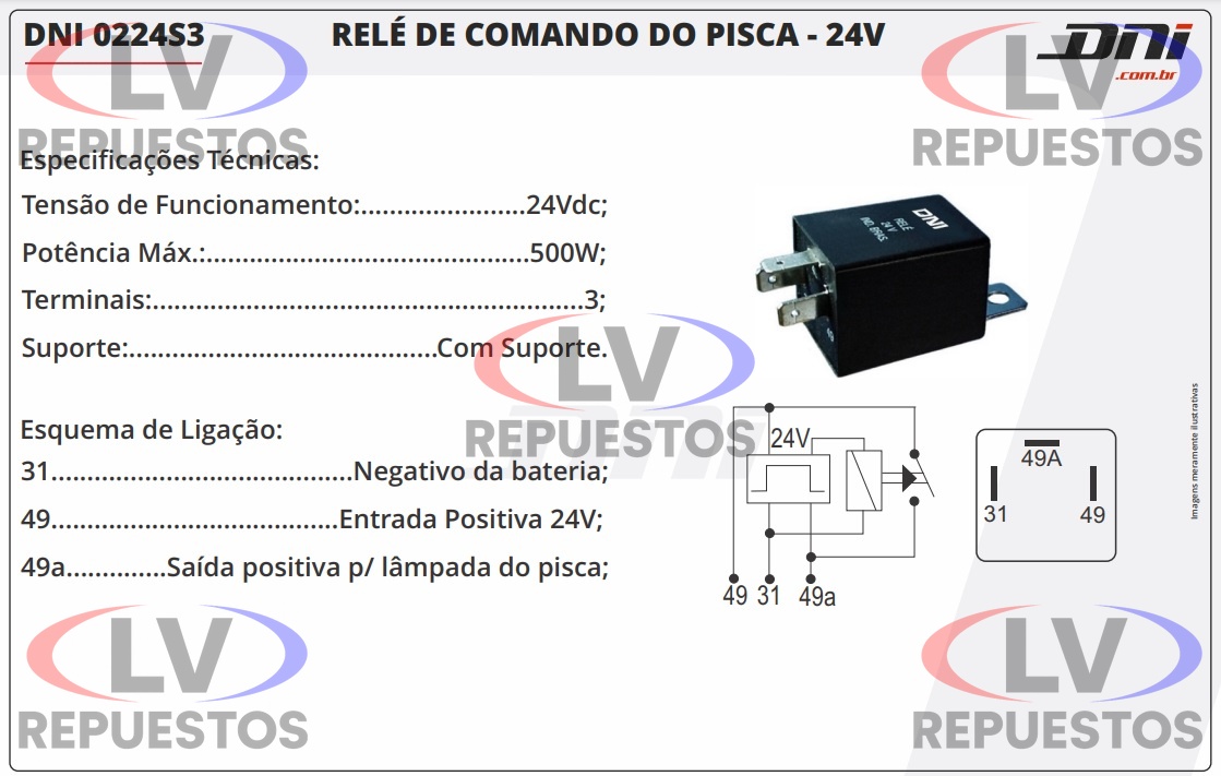 RELAY SE�ALERO 24V 500W 3 PATITAS C/ SOPORTE DNI