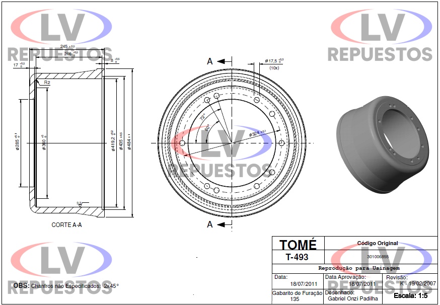 TAMBOR FRENO 28.5X42CM 8 PULG. 5/6 AGUJ. A SAPITO TOME