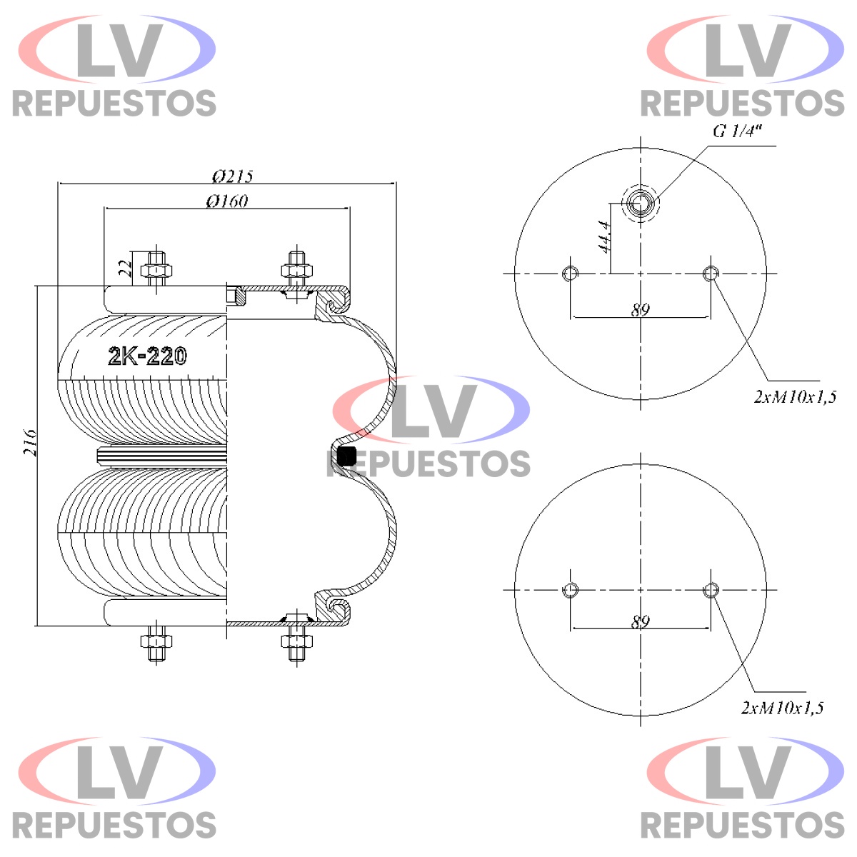 PULMON SUSP. 2 CUERPOS BASE 160MM MACHO M10 CARRETA/TRUCK LUFTECH