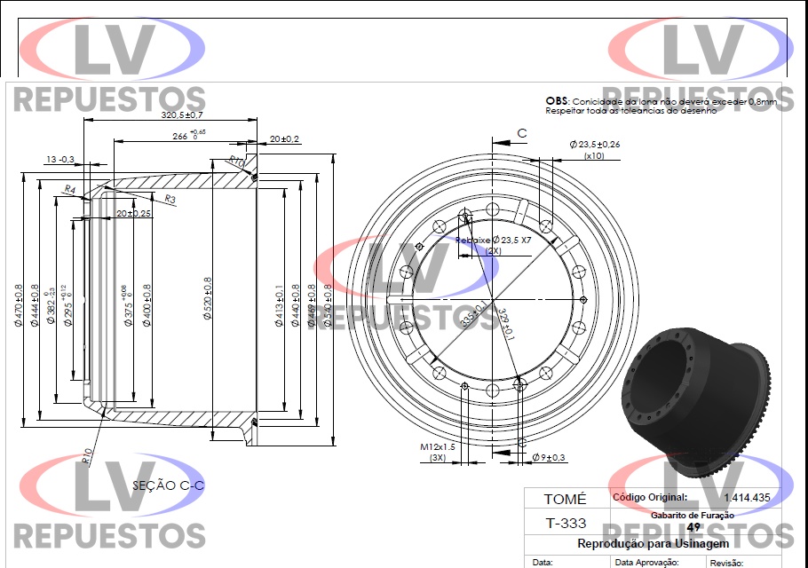 TAMBOR FRENO 29.5X41.3CM 10 PULG. 10 AGUJ. TR 112 C/ PESTA�A TOME