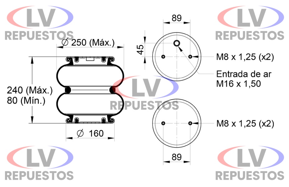 PULMON SUSP. 2 CUERPOS BASE 160MM HEMBRA M8 CARRETA/TRUCK FABBOF