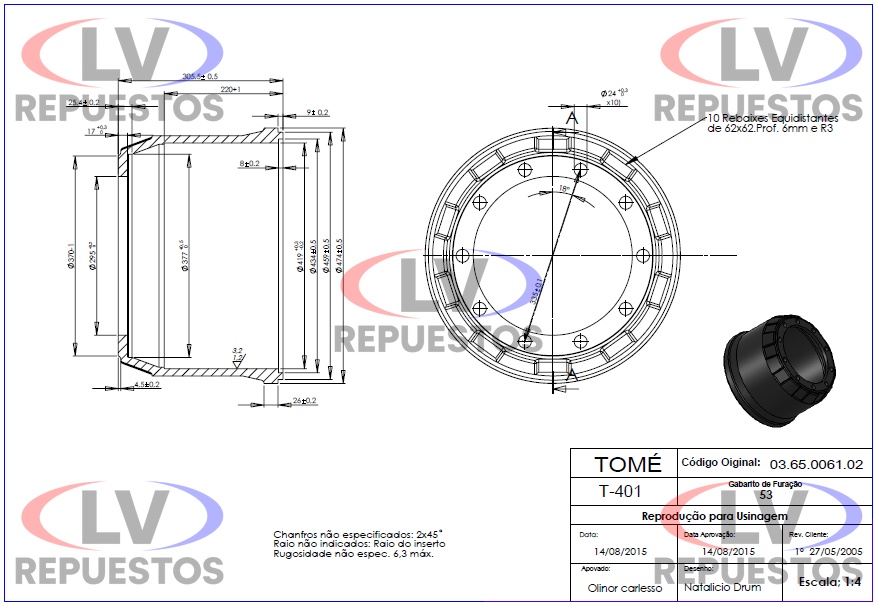 TAMBOR FRENO 29.5X42CM 8 PULG. 10 AGUJ. GUERRA/NOMA/RANDON TOME