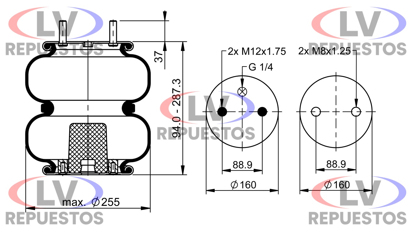 PULMON SUSP. 2 CUERPOS BASE 160MM MACHO/HEMBRA CARRETA CONTINENTAL