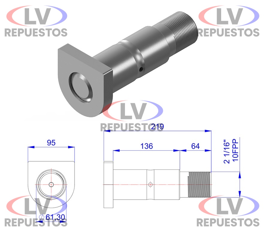 PERNO BALANZA C/ ROSCA DE 61.3X136MM TRUCK/CARRETA OLIVO