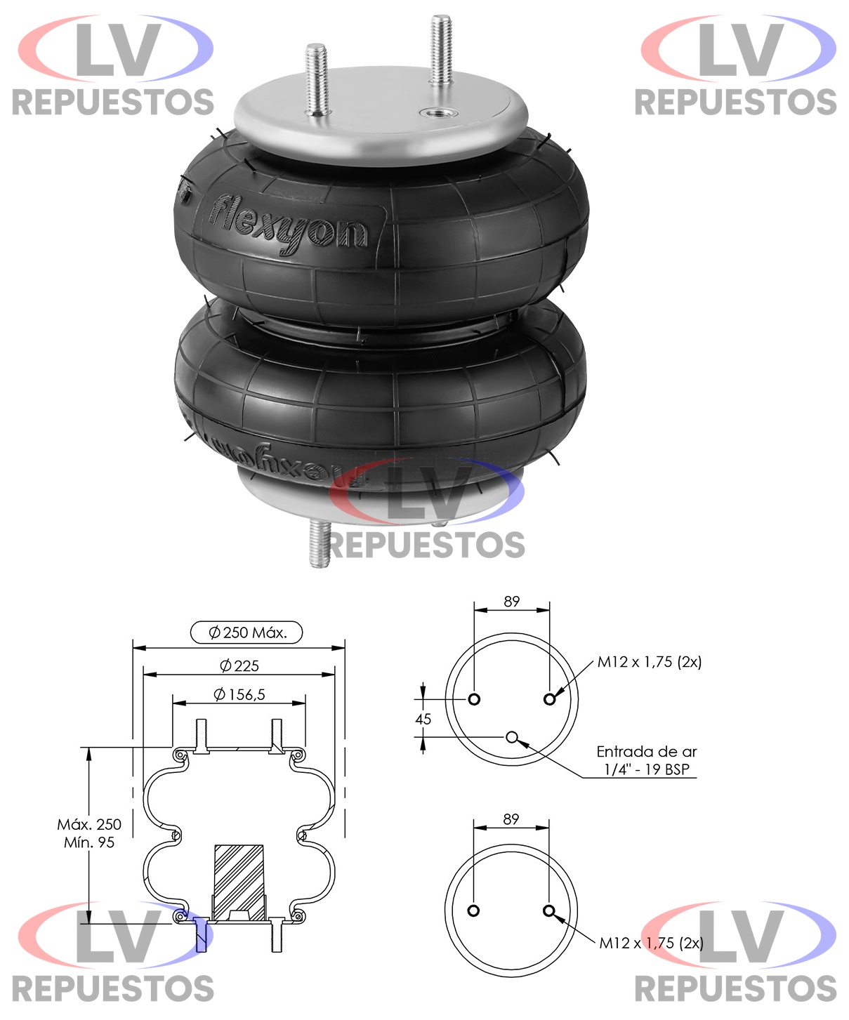 PULMON SUSP. 2 CUERPOS BASE 160MM MACHO M12 CARRETA/TRUCK SUSPENTECH